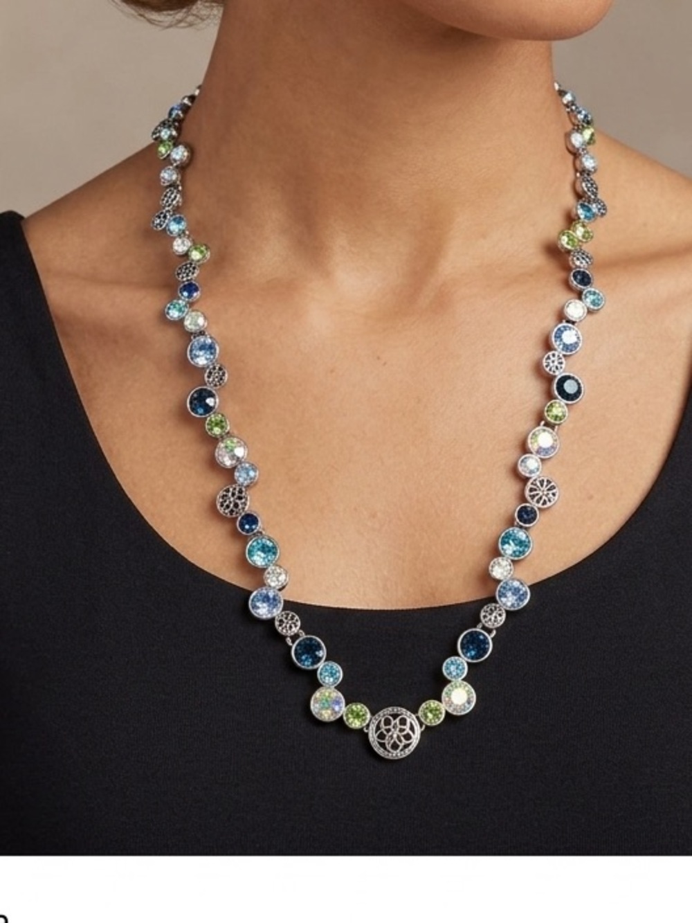 Lia Sophia Blue, Green, Aqua and Clear Crystal Station Necklace